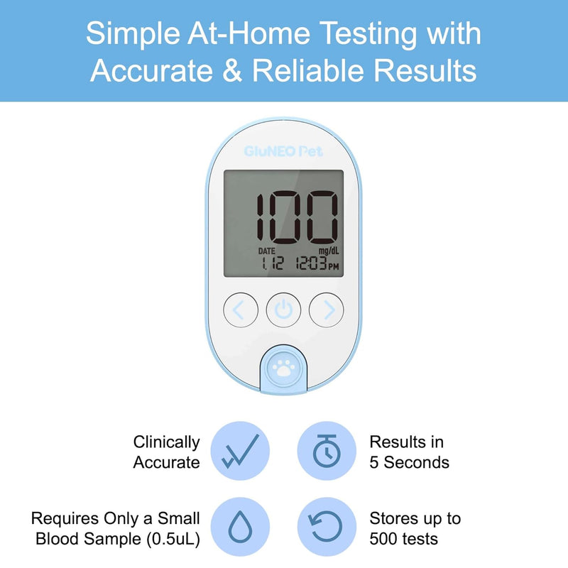 GluNEO Pet Glucose Monitoring System for Dogs & Cats – Pet Glucose Meter Kit with 25 Test Strips, 25 Lancets, Lancing Device, Carry Case, Fast 5-Second Readings