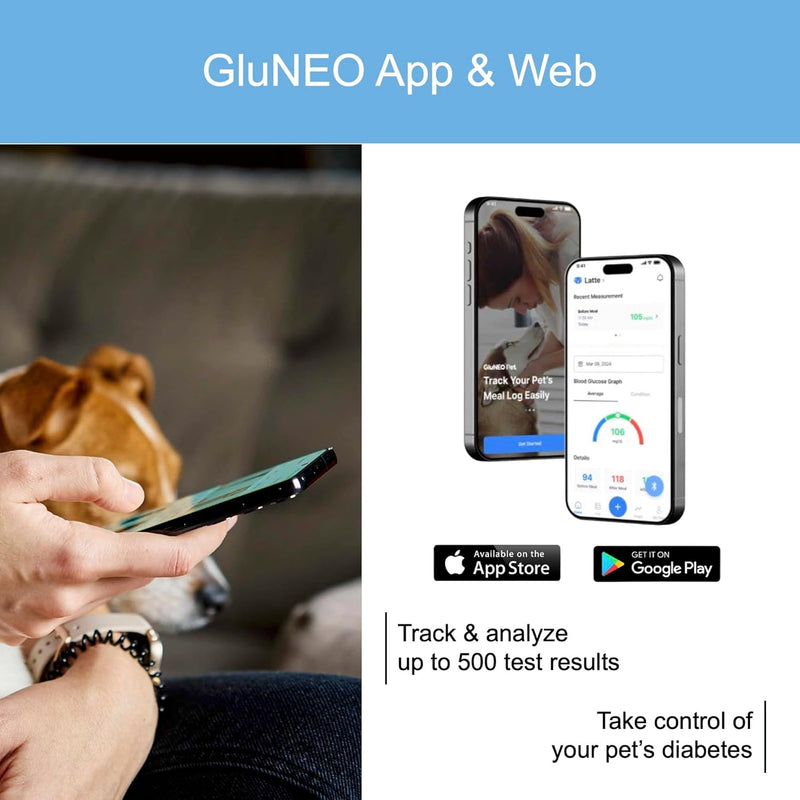 GluNEO Pet Glucose 50 Test Strips & 50 Lancets for Dogs & Cats, Refill Pack Compatible with GluNEO Pet Blood Glucose Monitoring System